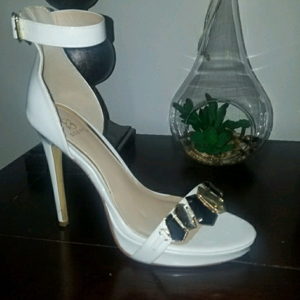 White ankle strap heels w/ rhinestones